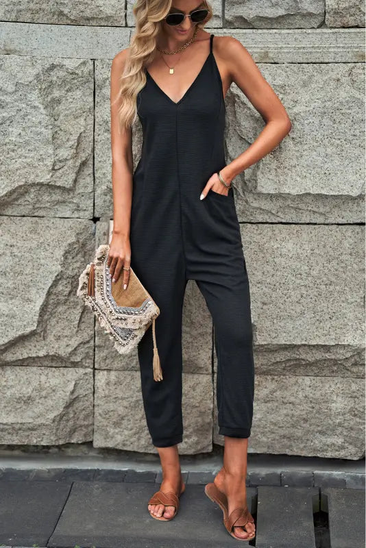 Black textured sleeveless v-neck pocketed casual jumpsuit - jumpsuits & rompers