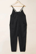 Black Textured Sleeveless V-Neck Pocketed Casual Jumpsuit - Fashionfitz