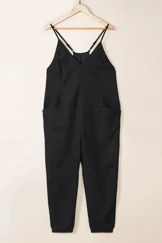 Black Textured Sleeveless V-Neck Pocketed Casual Jumpsuit - Fashionfitz