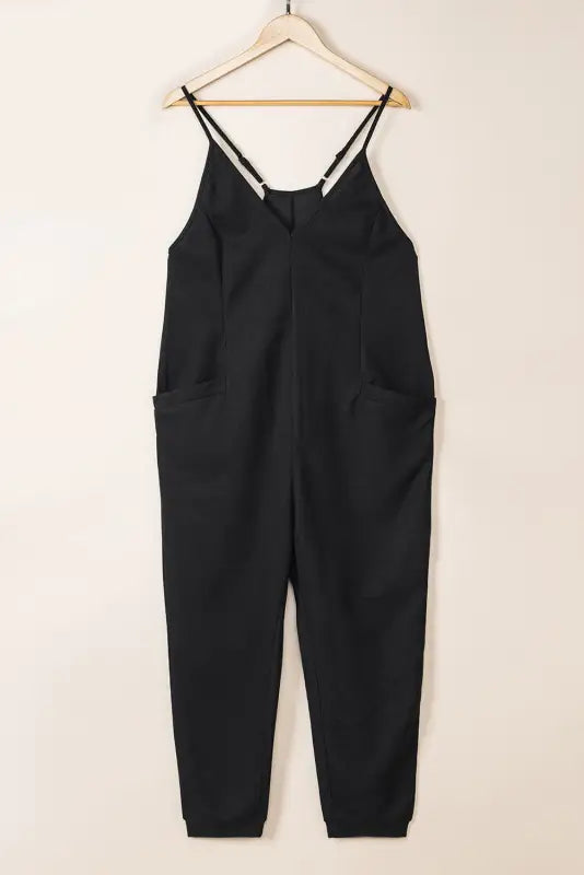 Black textured sleeveless v-neck pocketed casual jumpsuit - jumpsuits & rompers