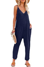 Black Textured Sleeveless V-Neck Pocketed Casual Jumpsuit - Fashionfitz