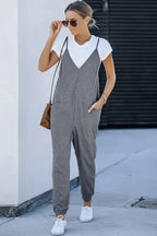 Black Textured Sleeveless V-Neck Pocketed Casual Jumpsuit - Fashionfitz