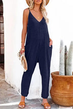 Black Textured Sleeveless V-Neck Pocketed Casual Jumpsuit - Fashionfitz