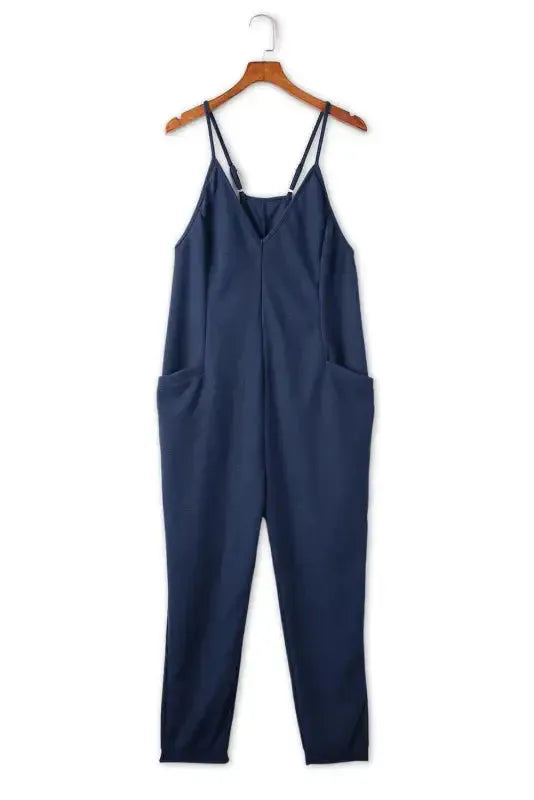 Black Textured Sleeveless V-Neck Pocketed Casual Jumpsuit - Fashionfitz