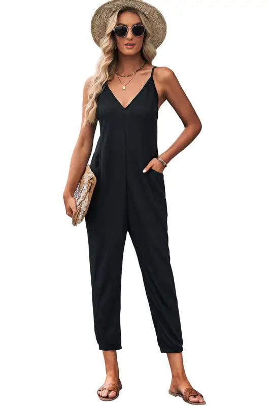 Black textured sleeveless v-neck pocketed casual jumpsuit - jumpsuits & rompers