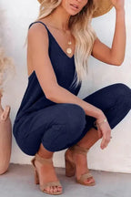 Black Textured Sleeveless V-Neck Pocketed Casual Jumpsuit - Fashionfitz