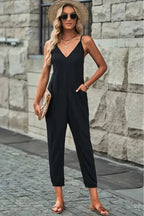 Black Textured Sleeveless V-Neck Pocketed Casual Jumpsuit - Fashionfitz