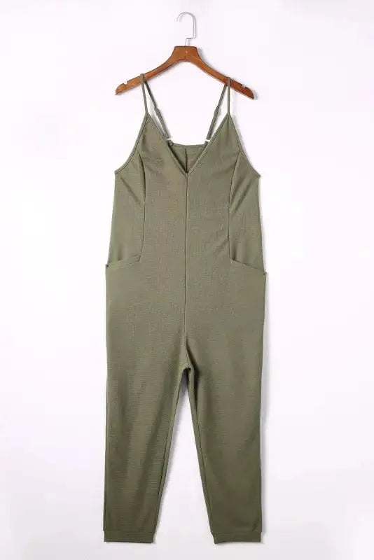 Black Textured Sleeveless V-Neck Pocketed Casual Jumpsuit - Fashionfitz