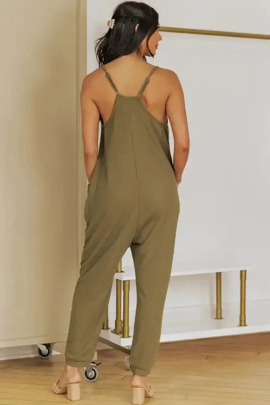 Black Textured Sleeveless V-Neck Pocketed Casual Jumpsuit - Fashionfitz