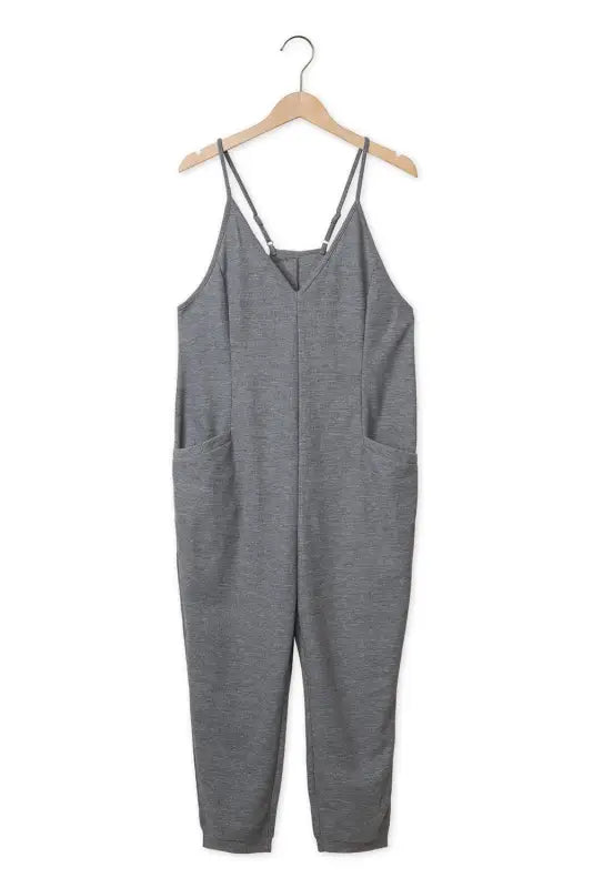 Black textured sleeveless v-neck pocketed casual jumpsuit - jumpsuits & rompers