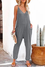 Black Textured Sleeveless V-Neck Pocketed Casual Jumpsuit - Fashionfitz