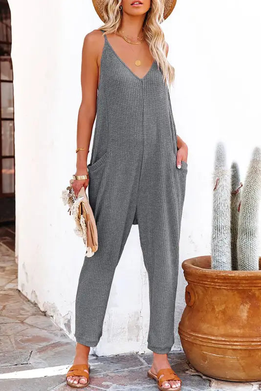 Black textured sleeveless v-neck pocketed casual jumpsuit - gray / s / 95% polyester + 5% elastane - jumpsuits & rompers