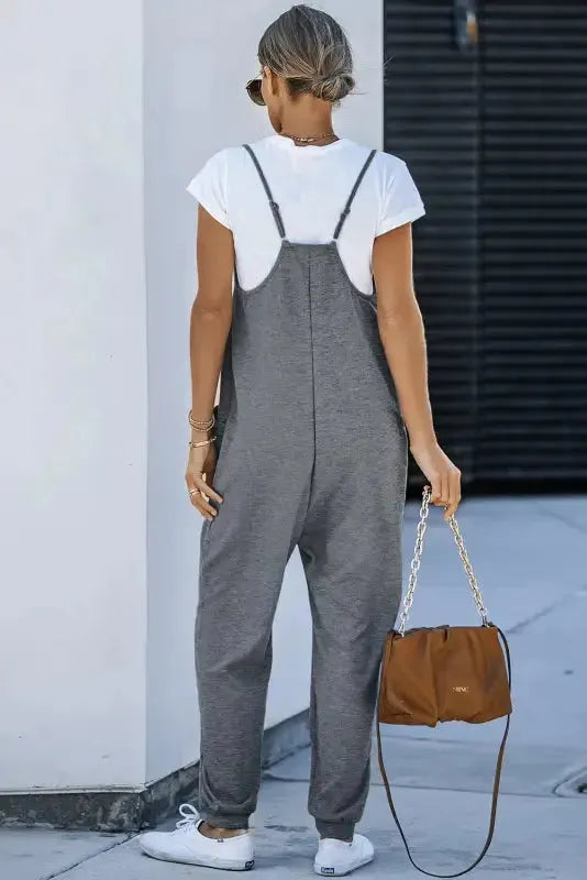 Black Textured Sleeveless V-Neck Pocketed Casual Jumpsuit - Fashionfitz