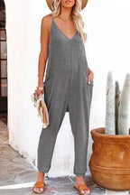 Black Textured Sleeveless V-Neck Pocketed Casual Jumpsuit - Fashionfitz