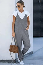Black Textured Sleeveless V-Neck Pocketed Casual Jumpsuit - Fashionfitz