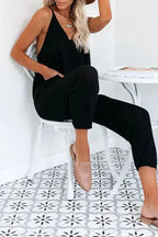 Black Textured Sleeveless V-Neck Pocketed Casual Jumpsuit - Fashionfitz