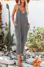 Black Textured Sleeveless V-Neck Pocketed Casual Jumpsuit - Fashionfitz
