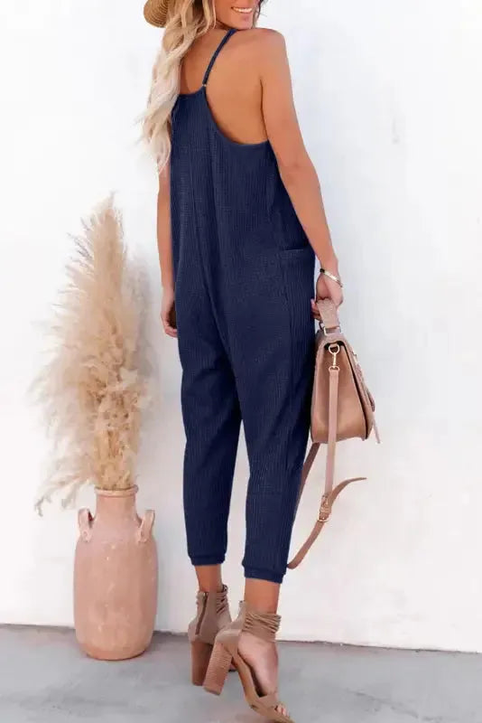 Black Textured Sleeveless V-Neck Pocketed Casual Jumpsuit - Fashionfitz