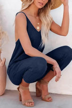 Black Textured Sleeveless V-Neck Pocketed Casual Jumpsuit - Fashionfitz