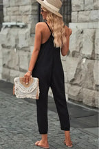 Black Textured Sleeveless V-Neck Pocketed Casual Jumpsuit - Fashionfitz