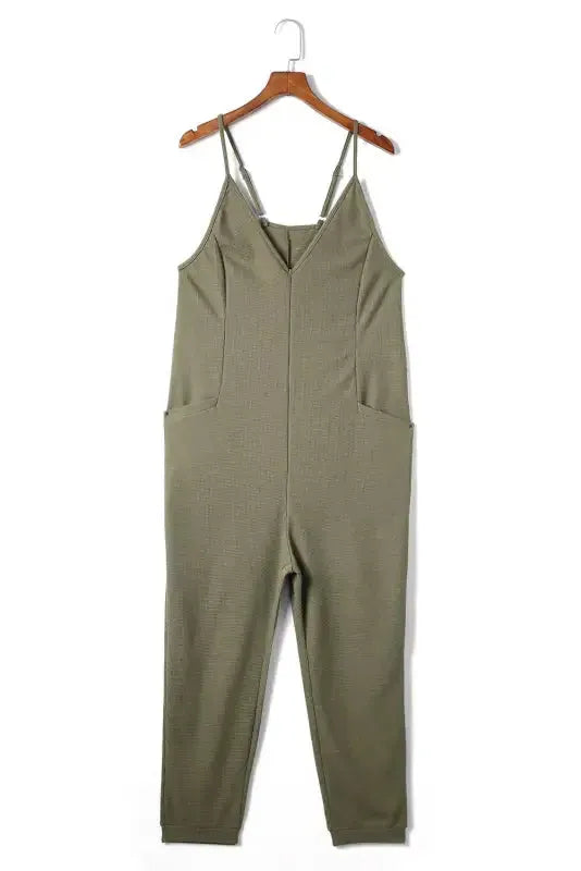 Black Textured Sleeveless V-Neck Pocketed Casual Jumpsuit - Fashionfitz