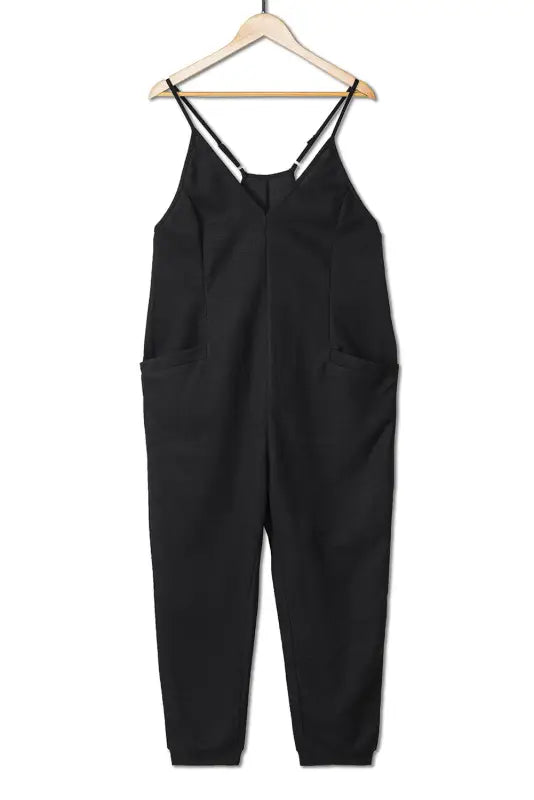 Black textured sleeveless v-neck pocketed casual jumpsuit - jumpsuits & rompers