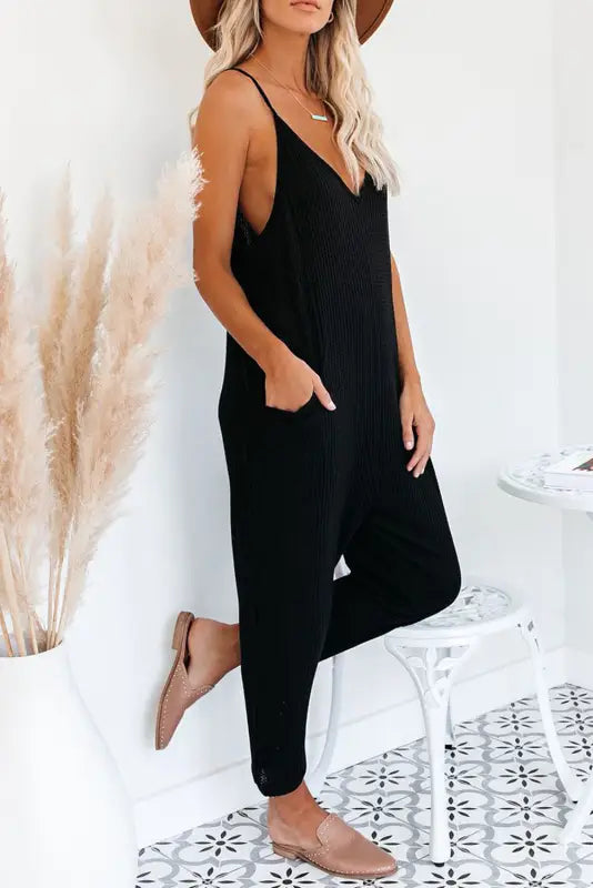 Black textured sleeveless v-neck pocketed casual jumpsuit - jumpsuits & rompers