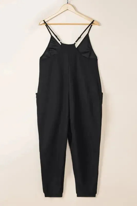 Black Textured Sleeveless V-Neck Pocketed Casual Jumpsuit - Fashionfitz