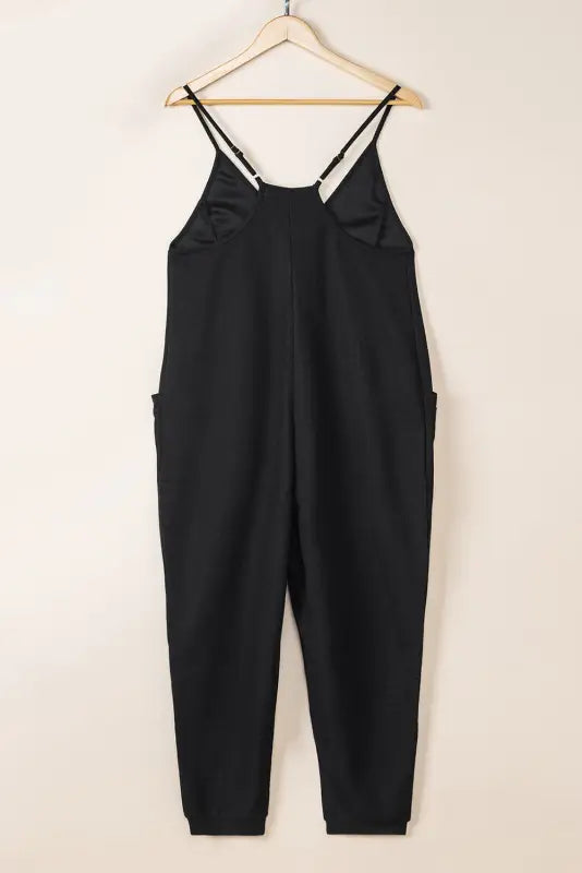 Black textured sleeveless v-neck pocketed casual jumpsuit - jumpsuits & rompers