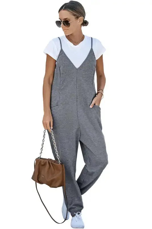 Black Textured Sleeveless V-Neck Pocketed Casual Jumpsuit - Fashionfitz