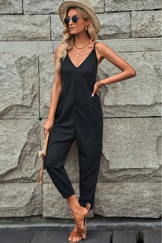 Black textured sleeveless v-neck pocketed casual jumpsuit - jumpsuits & rompers