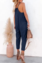 Black Textured Sleeveless V-Neck Pocketed Casual Jumpsuit - Fashionfitz