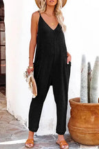 Black Textured Sleeveless V-Neck Pocketed Casual Jumpsuit - Fashionfitz