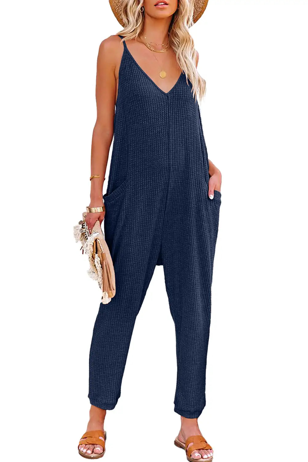 Black textured sleeveless v-neck pocketed casual jumpsuit - jumpsuits & rompers