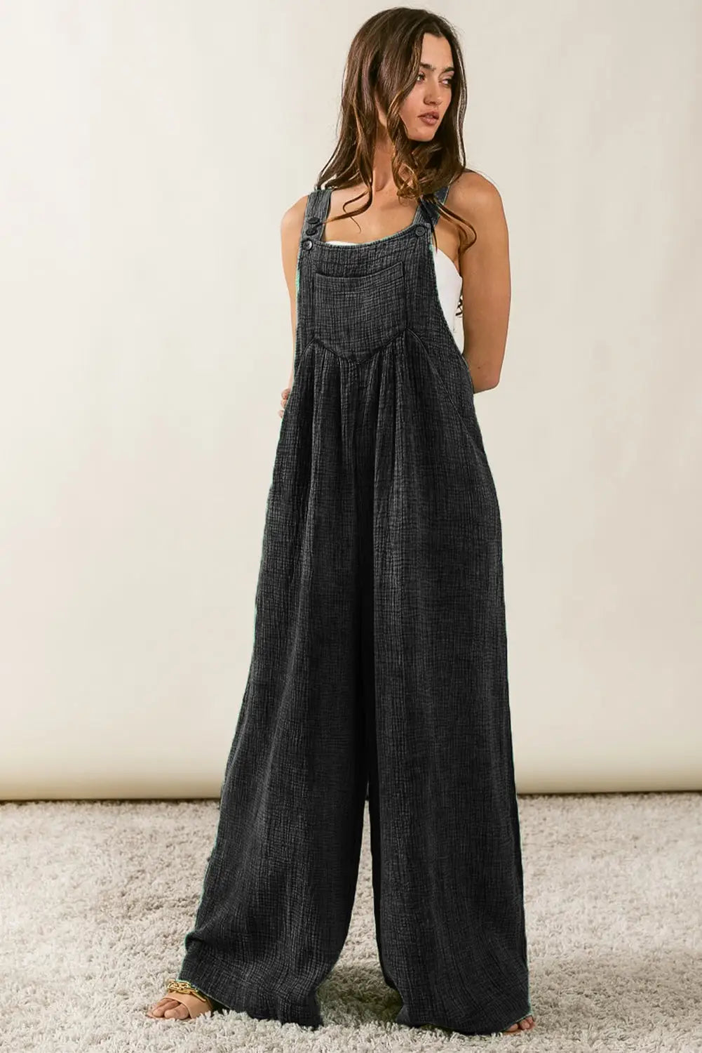 Black textured wide leg overalls - jumpsuits & rompers