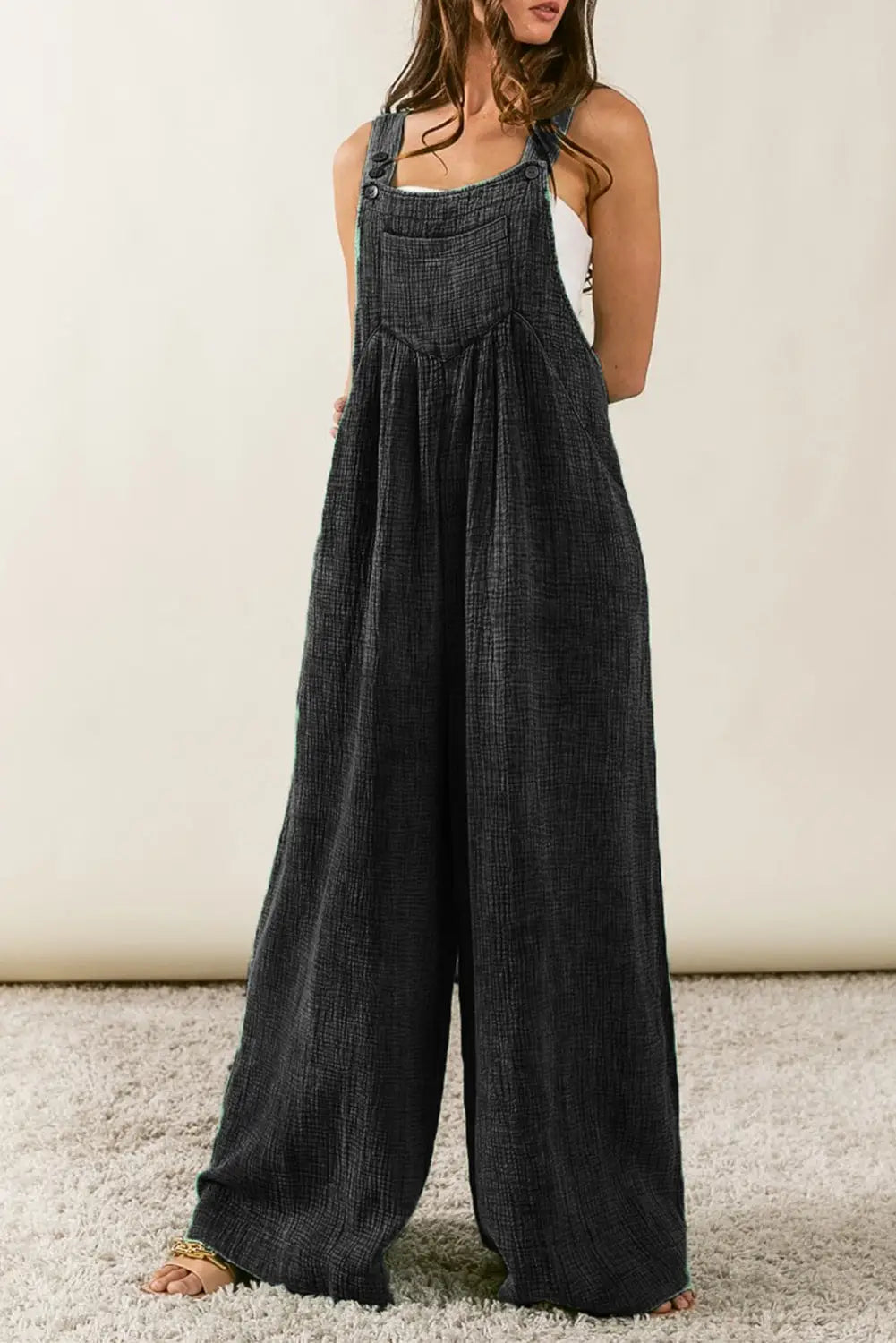 Black textured wide leg overalls - s / 100% cotton - jumpsuits & rompers