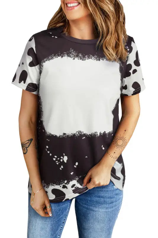 Black tie dye bleached crew neck short sleeves t-shirt - t-shirts