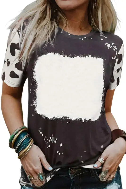 Black tie dye bleached crew neck short sleeves t-shirt - t-shirts