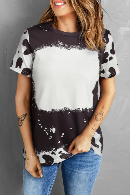 Black tie dye bleached crew neck short sleeves t-shirt - t-shirts