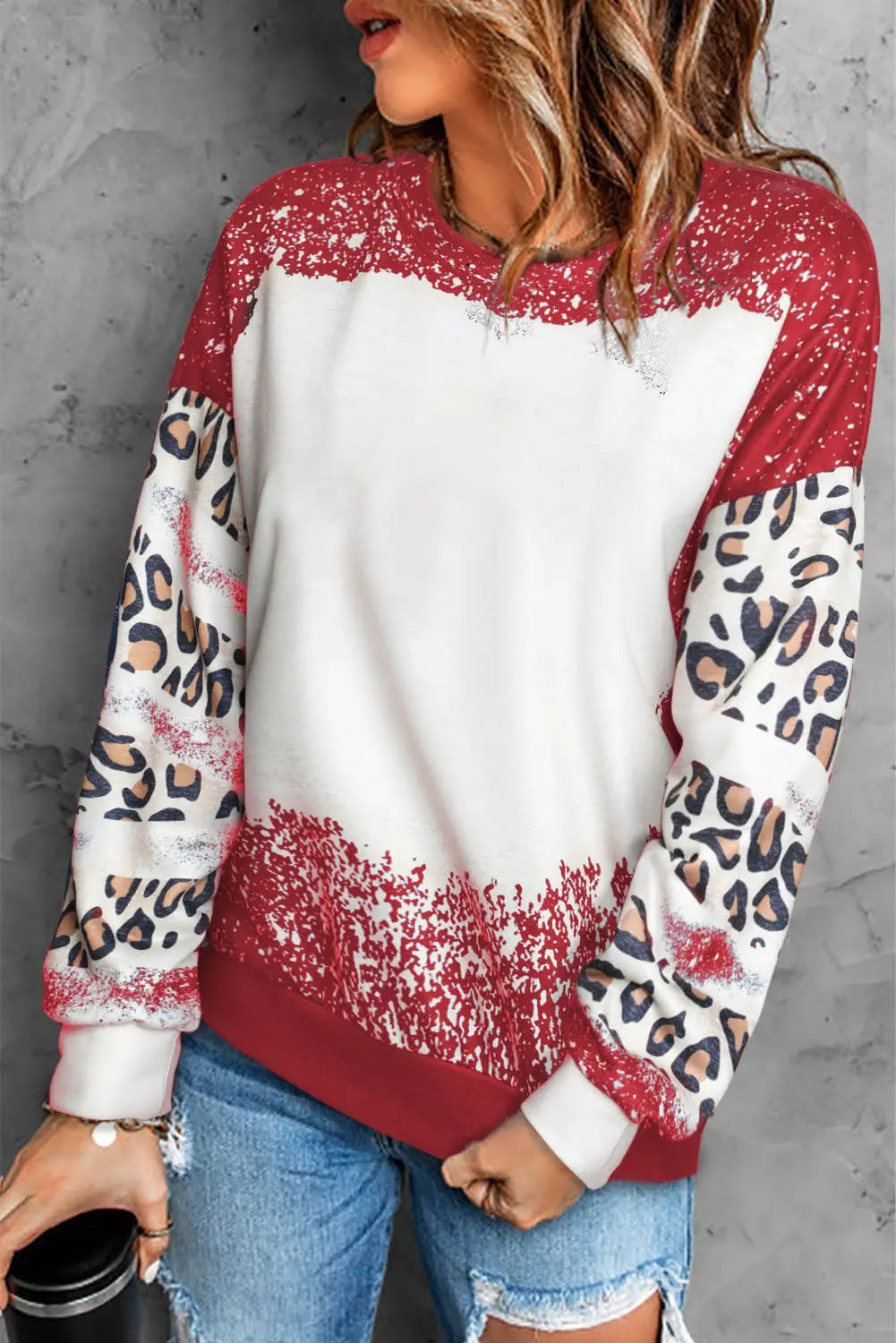 Black tie dye leopard drop shoulder sweatshirt - red / s / 95% polyester + 5% elastane - tops
