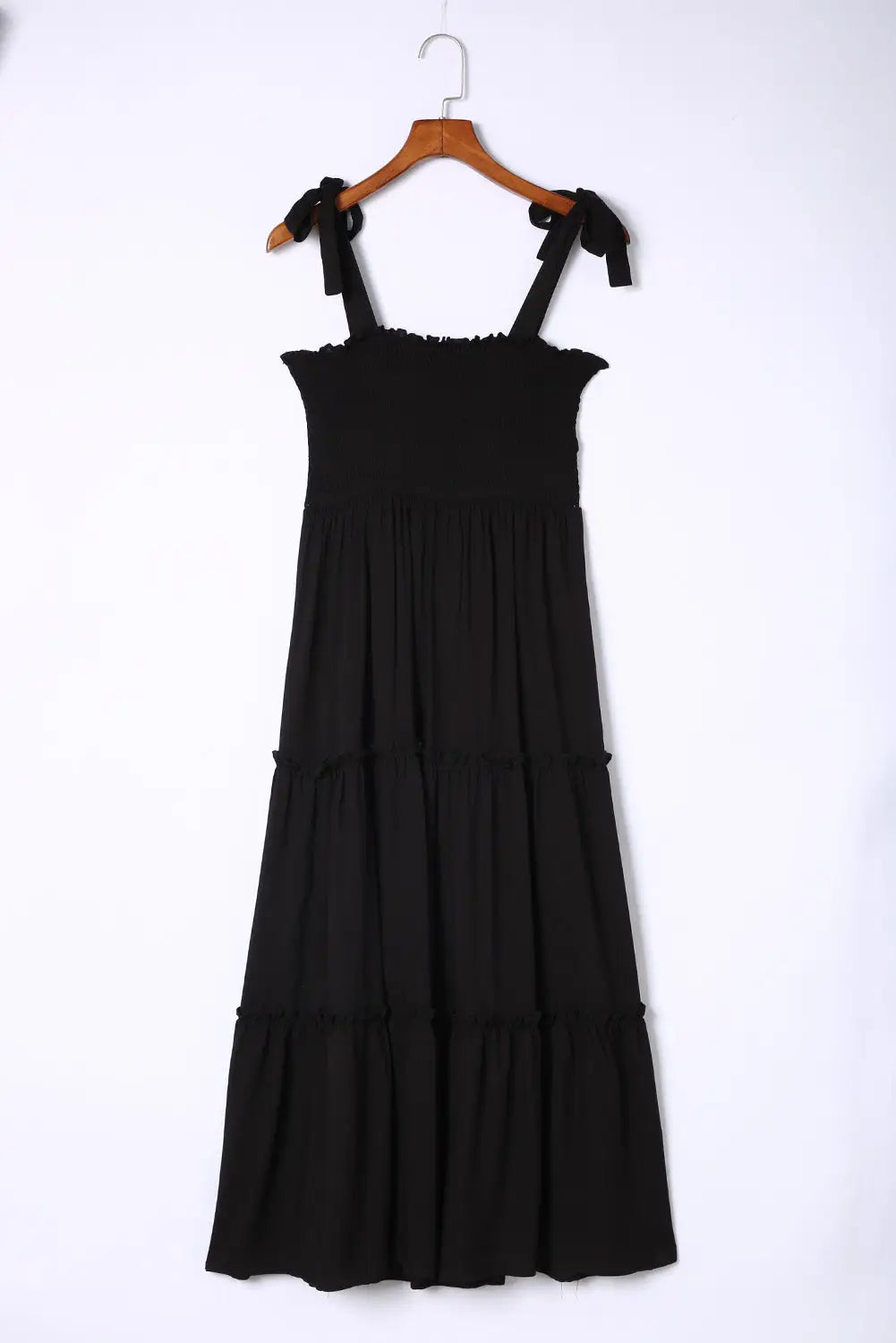 Black tie strap smocked frill tiered midi dress - dresses