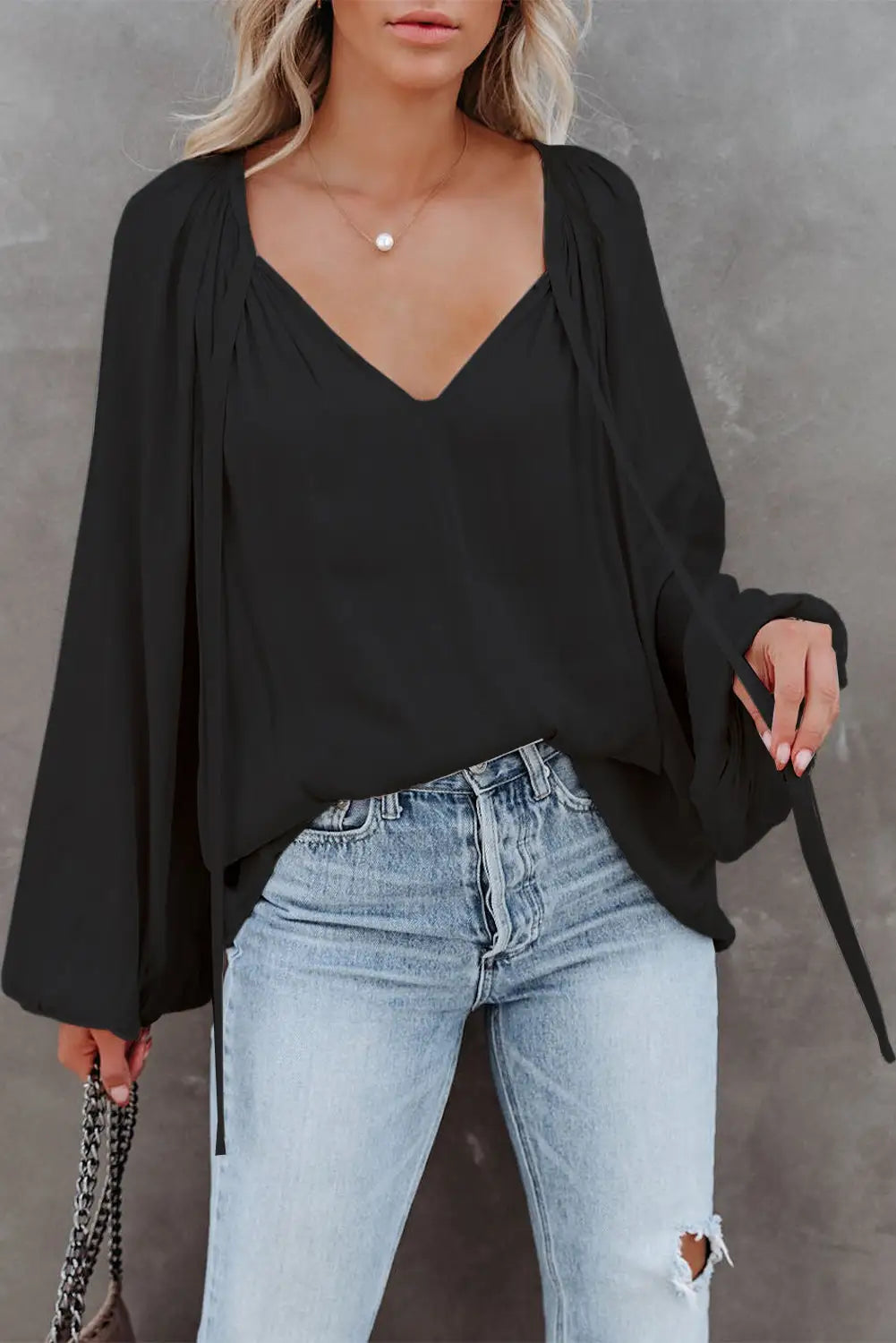 Black tie v neck pleated puff sleeve satin blouse - s / 100% polyester - tops