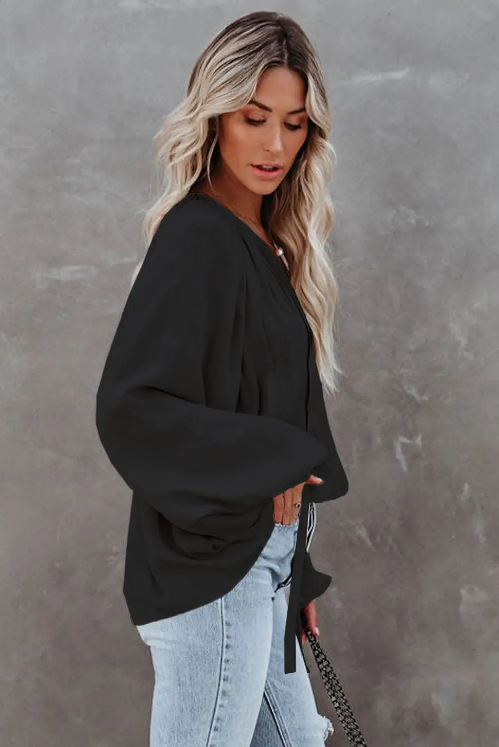 Black tie v neck pleated puff sleeve satin blouse - tops