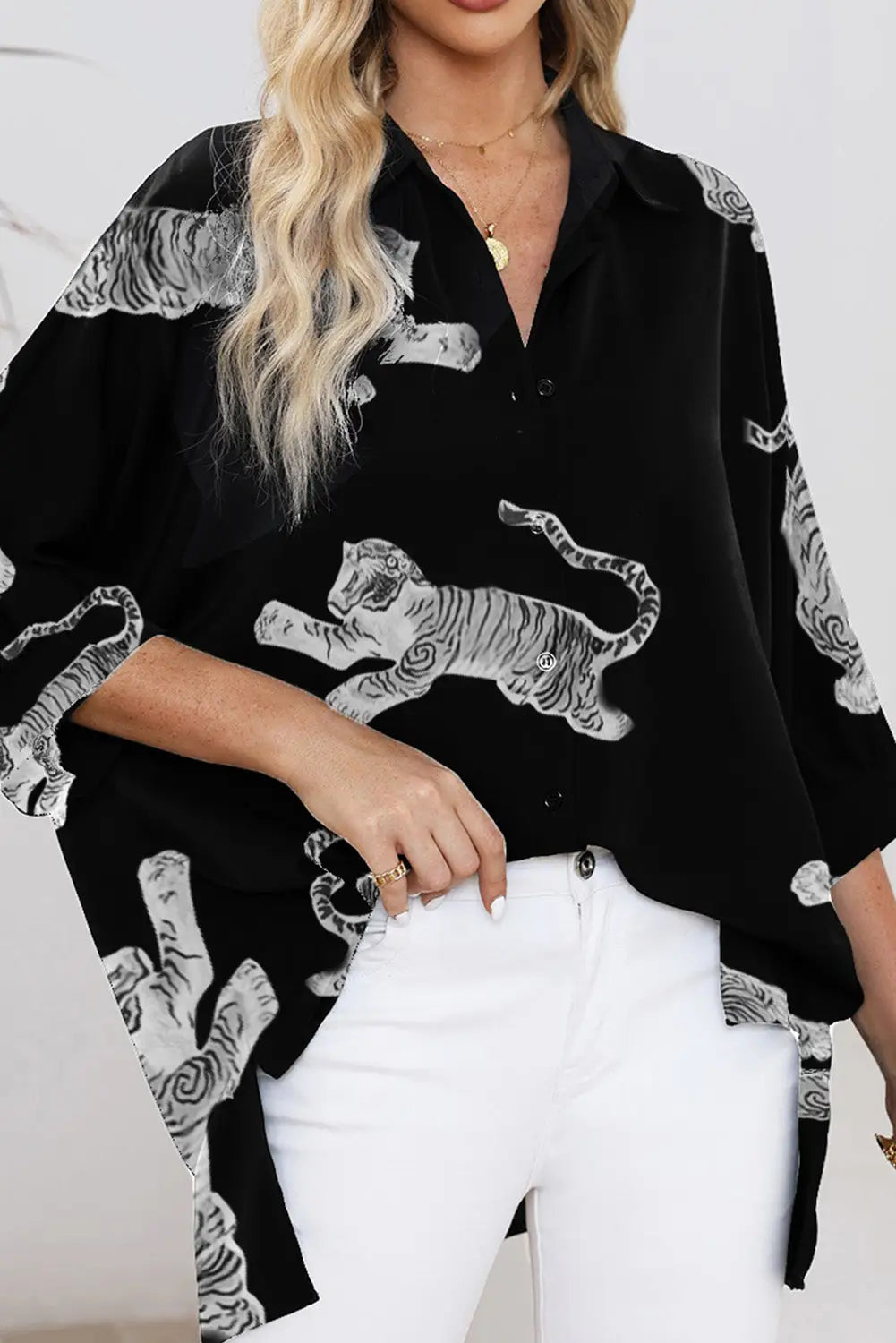Black tiger print 3/4 sleeve oversized shirt - l / 100% polyester - blouses & shirts