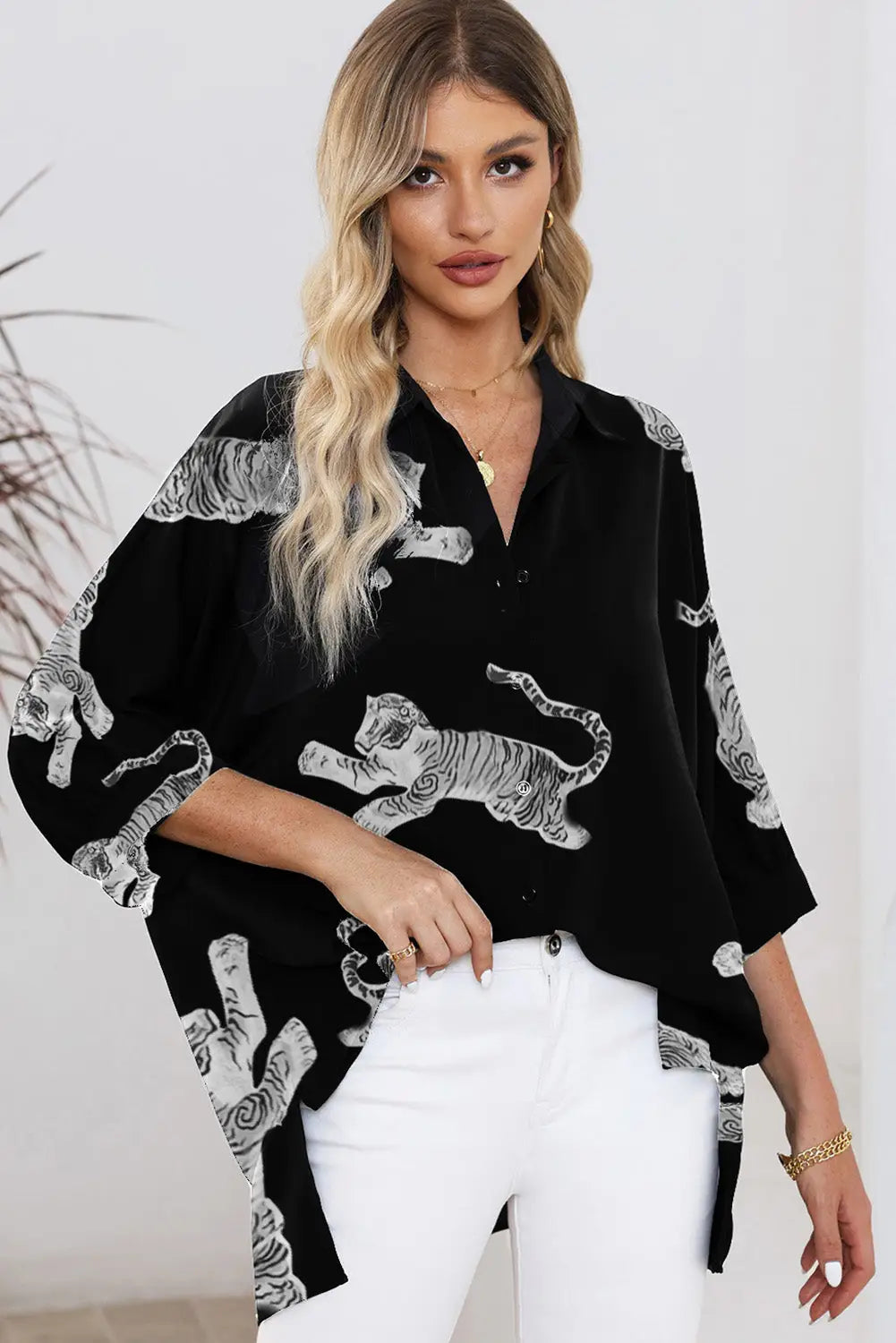 Black tiger print 3/4 sleeve oversized shirt - blouses & shirts