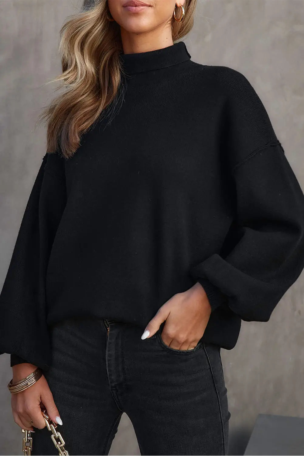 Black turtleneck drop shoulder bubble sleeve knit sweater - s / 50% viscose + 28% polyester + 22% polyamide - sweaters