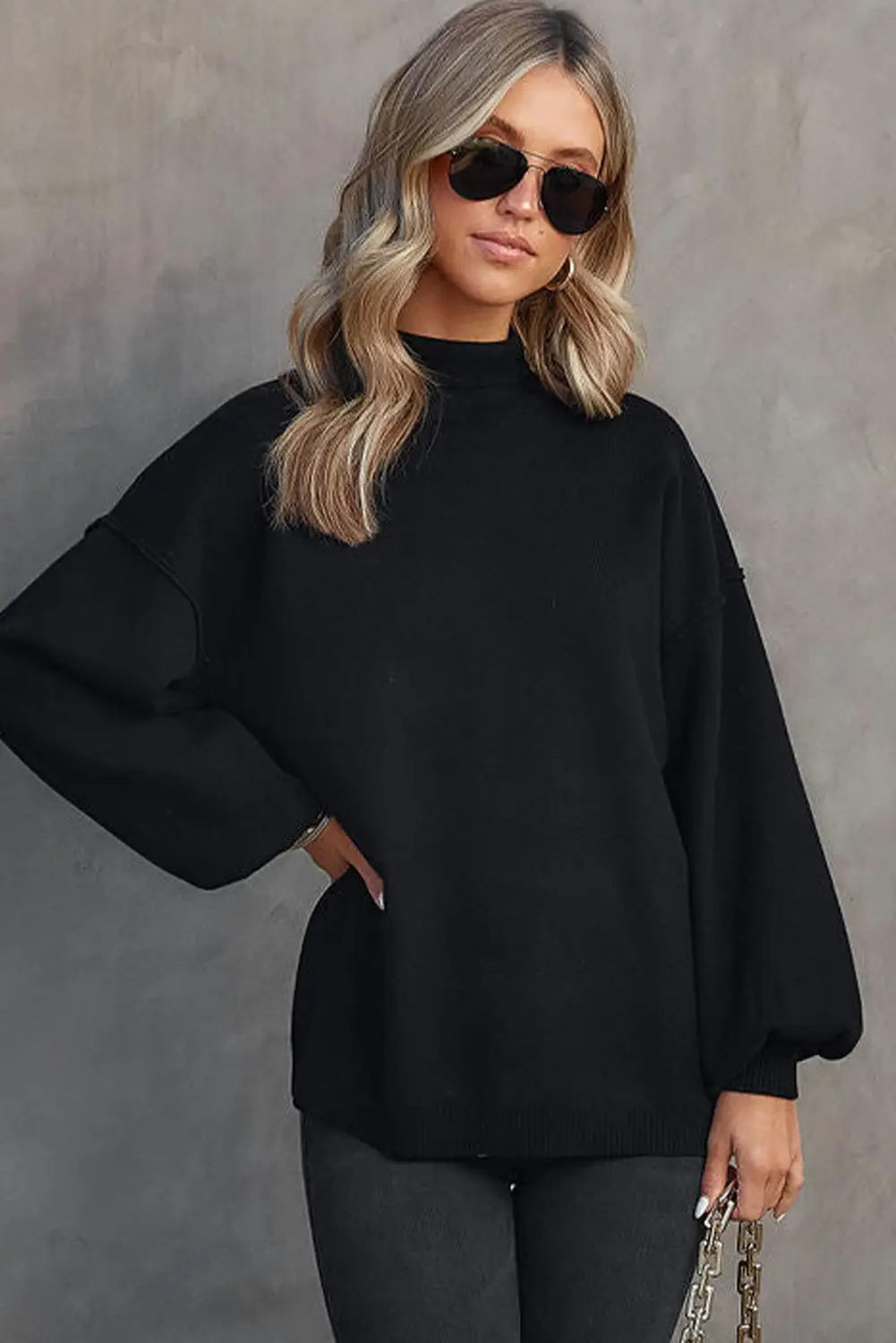 Black turtleneck drop shoulder bubble sleeve knit sweater - sweaters & cardigans