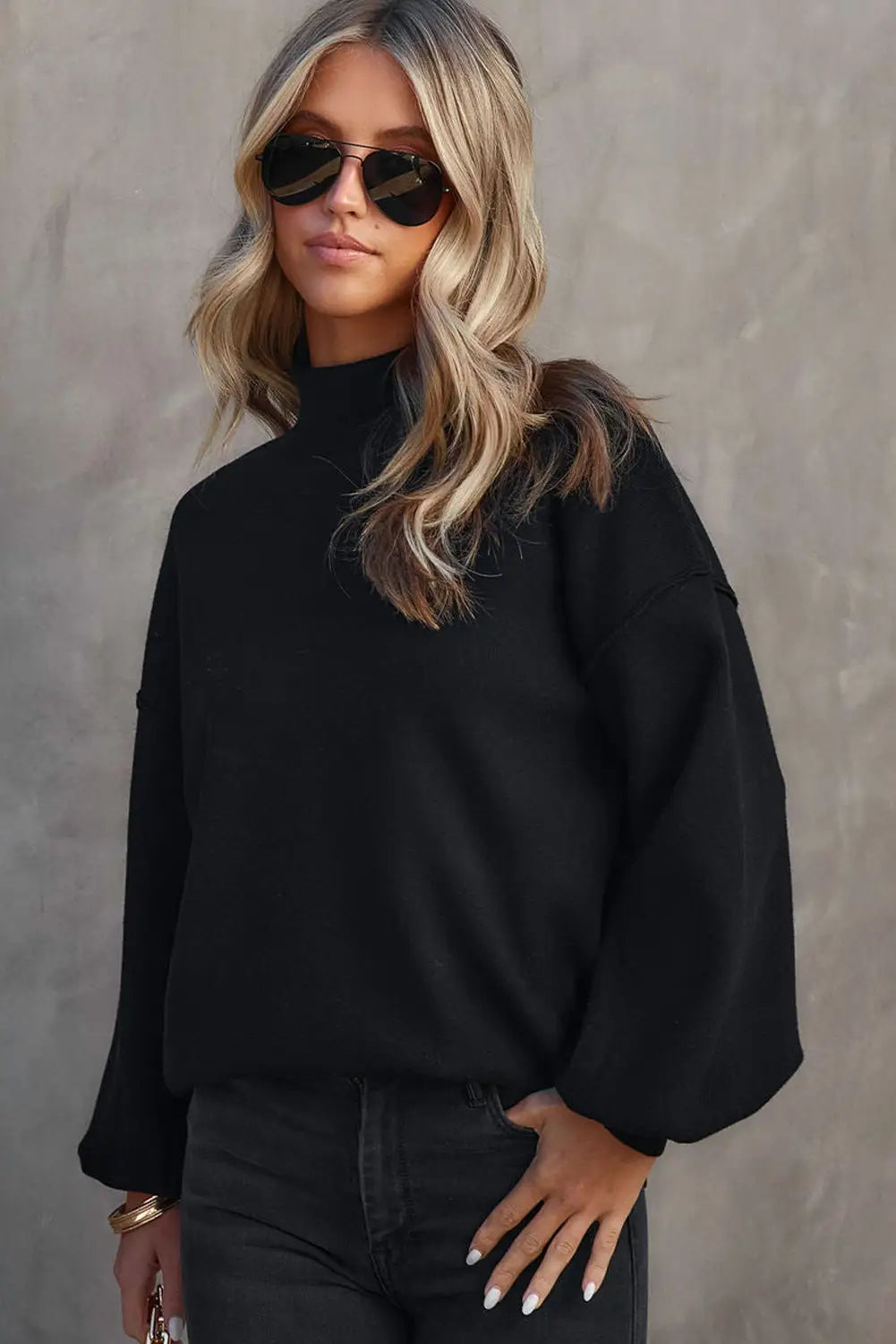 Black turtleneck drop shoulder bubble sleeve knit sweater - sweaters & cardigans