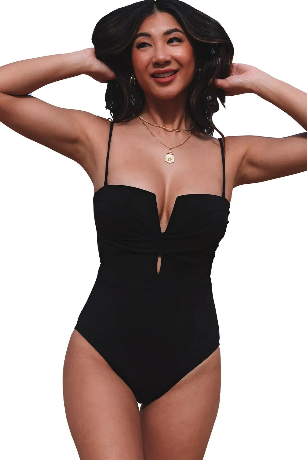 Black twist front cut out one-piece swimsuit - one piece swimsuits