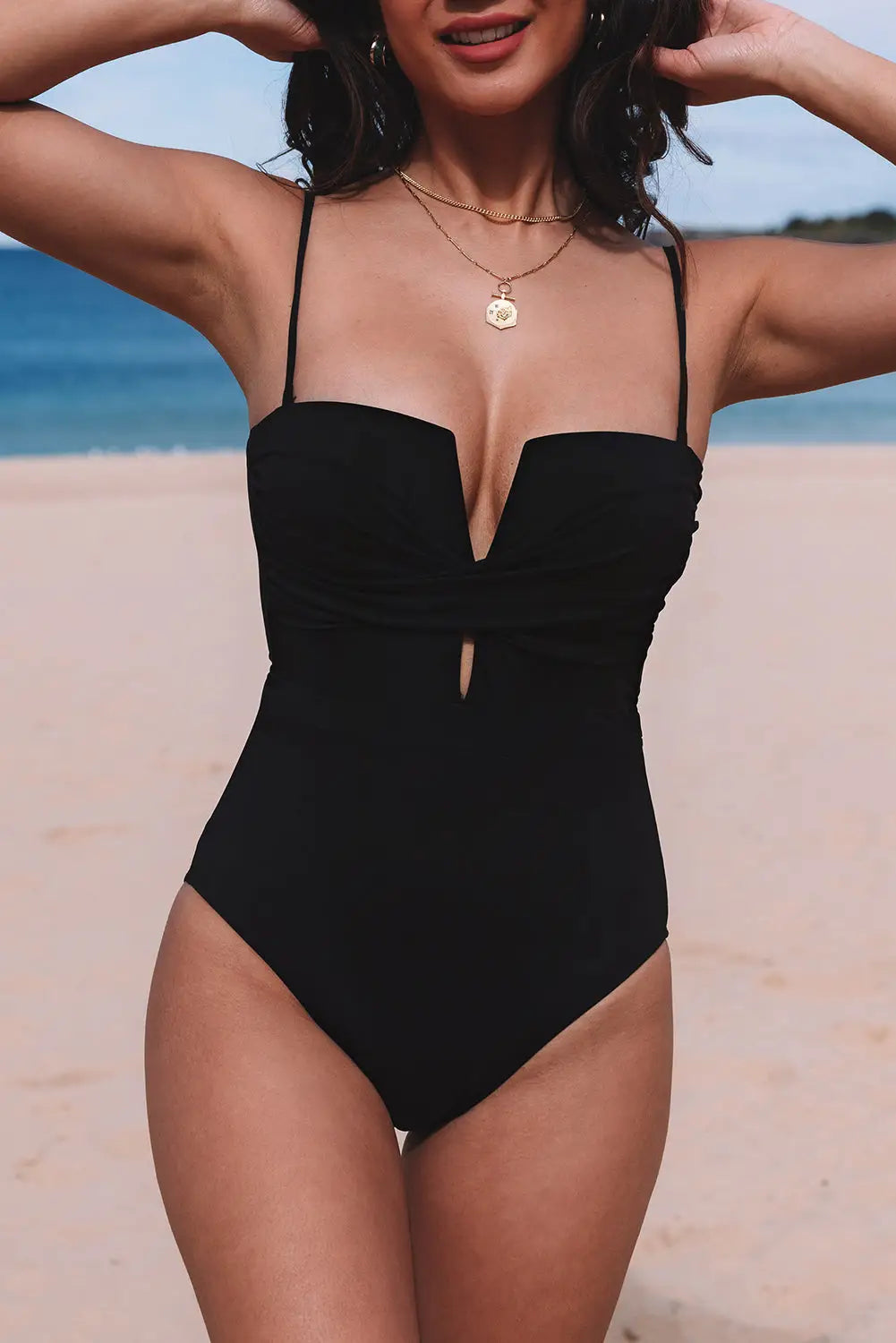 Black twist front cut out one-piece swimsuit - one piece swimsuits